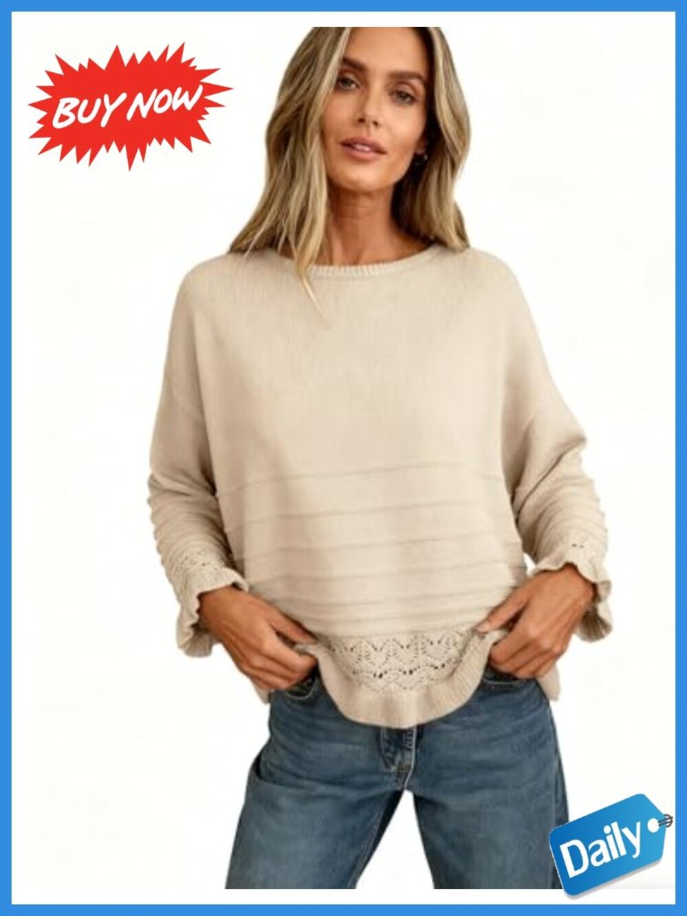 Womens Pullover Sweater Crew Neck Ruffled Hem Knit Long Sleeve Casual Top - Picture 6 of 6